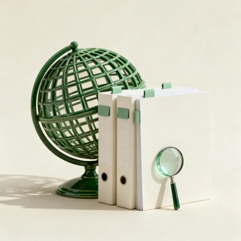 Green globe with research files and a magnifying lens